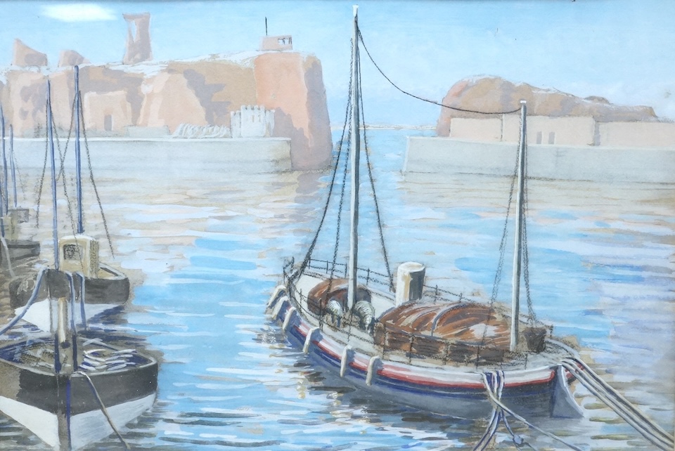 Scottish school, mixed media, Dunbar Harbour and Lifeboat, unsigned, 31 x 45cm